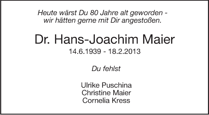  Traueranzeige für Hans-Joachim Maier vom 14.06.2019 aus Stuttgarter Zeitung / Stuttgarter Nachrichten