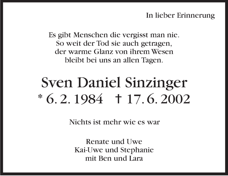  Traueranzeige für Sven Daniel Sinzinger vom 17.06.2019 aus Stuttgarter Zeitung / Stuttgarter Nachrichten