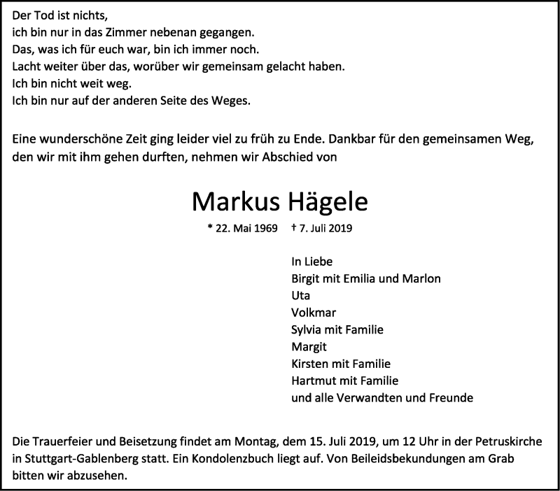  Traueranzeige für Markus Hägele vom 11.07.2019 aus Stuttgarter Zeitung / Stuttgarter Nachrichten