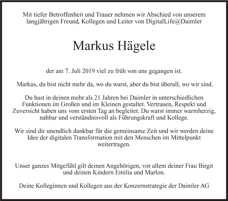  Traueranzeige für Markus Hägele vom 11.07.2019 aus Stuttgarter Zeitung / Stuttgarter Nachrichten