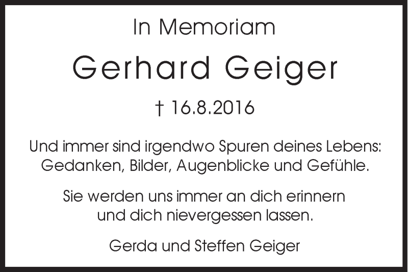  Traueranzeige für Gerhard Geiger vom 16.08.2019 aus Stuttgarter Zeitung / Stuttgarter Nachrichten