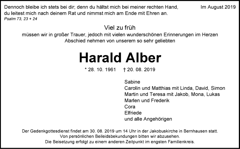  Traueranzeige für Harald Alber vom 22.08.2019 aus Stuttgarter Zeitung / Stuttgarter Nachrichten