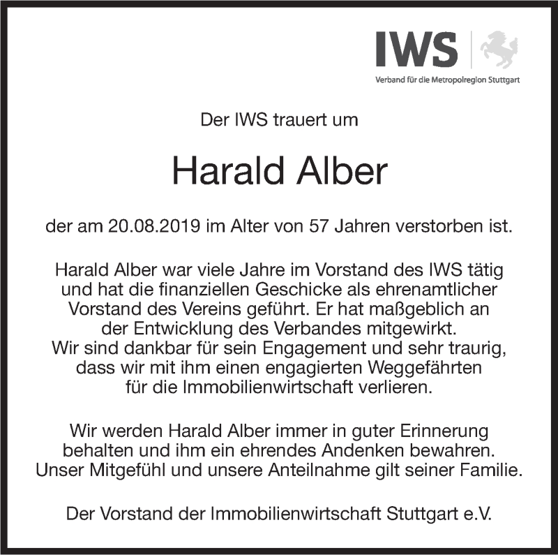  Traueranzeige für Harald Alber vom 27.08.2019 aus Stuttgarter Zeitung / Stuttgarter Nachrichten