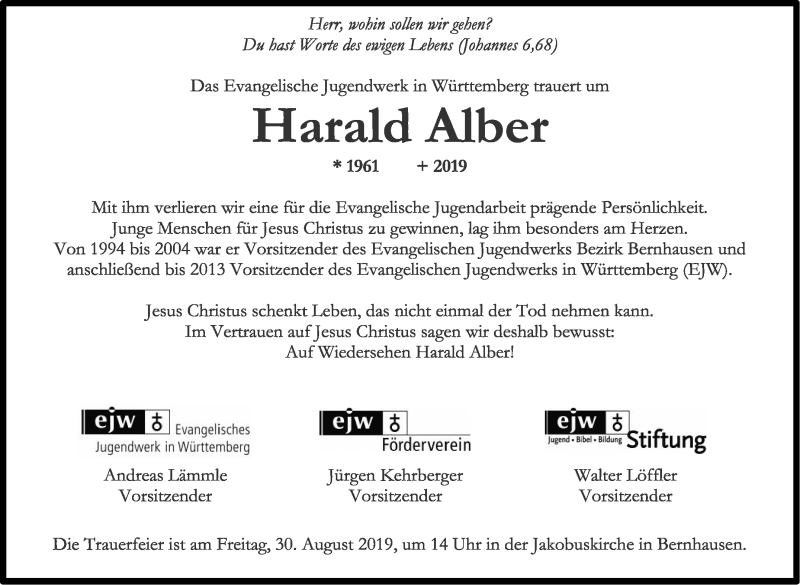  Traueranzeige für Harald Alber vom 23.08.2019 aus Stuttgarter Zeitung / Stuttgarter Nachrichten