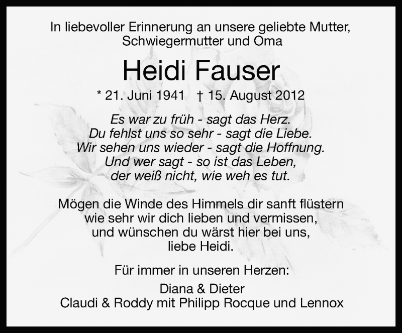  Traueranzeige für Heidi Fauser vom 15.08.2019 aus Stuttgarter Zeitung / Stuttgarter Nachrichten