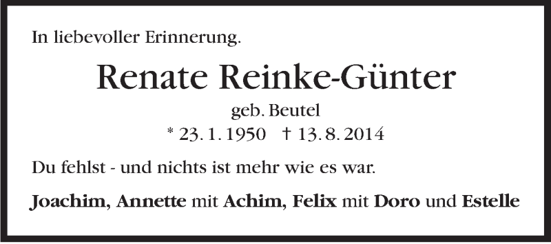  Traueranzeige für Renate Reinke-Günter vom 13.08.2019 aus Stuttgarter Zeitung / Stuttgarter Nachrichten