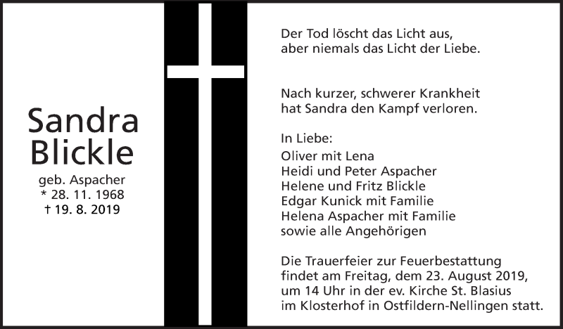  Traueranzeige für Sandra Blickle vom 21.08.2019 aus Stuttgarter Zeitung / Stuttgarter Nachrichten