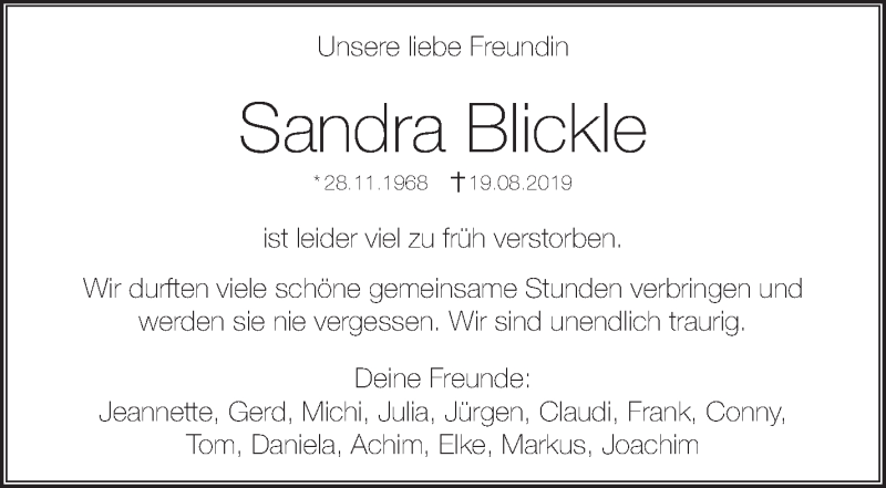  Traueranzeige für Sandra Blickle vom 21.08.2019 aus Stuttgarter Zeitung / Stuttgarter Nachrichten