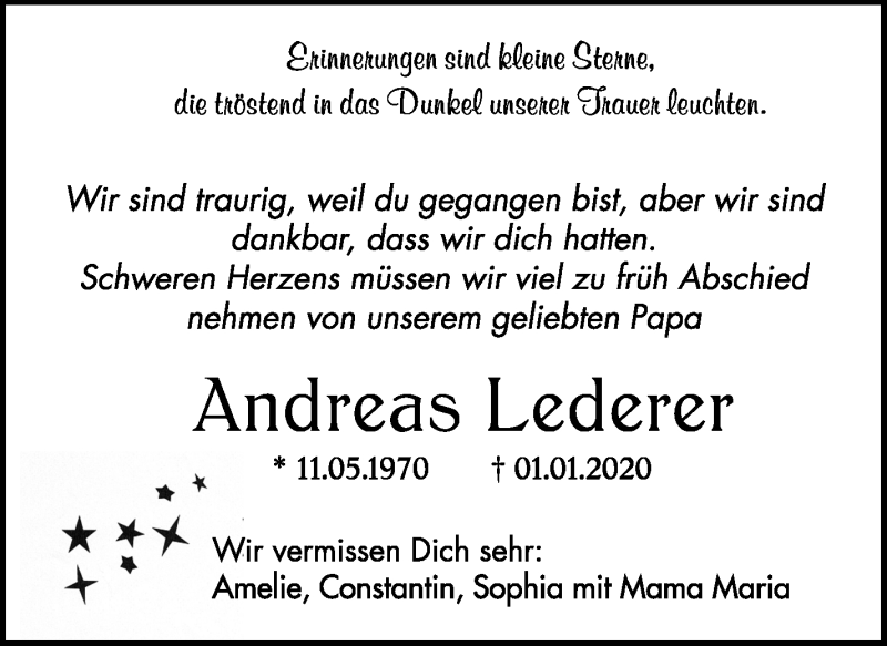 Traueranzeige für Andreas Lederer vom 04.01.2020 aus Stuttgarter Zeitung / Stuttgarter Nachrichten