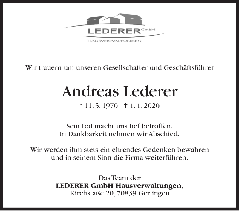  Traueranzeige für Andreas Lederer vom 04.01.2020 aus Stuttgarter Zeitung / Stuttgarter Nachrichten