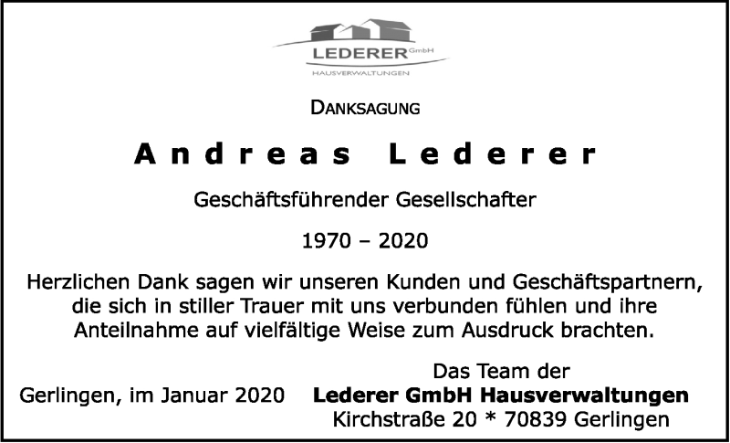  Traueranzeige für Andreas Lederer vom 25.01.2020 aus Stuttgarter Zeitung / Stuttgarter Nachrichten