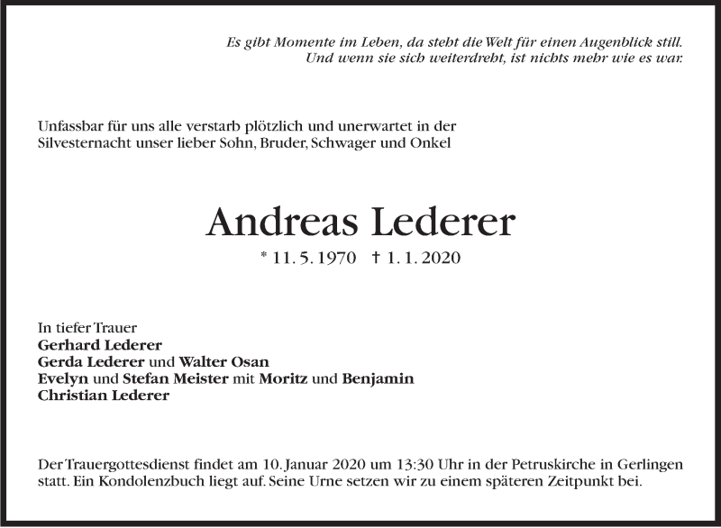  Traueranzeige für Andreas Lederer vom 04.01.2020 aus Stuttgarter Zeitung / Stuttgarter Nachrichten