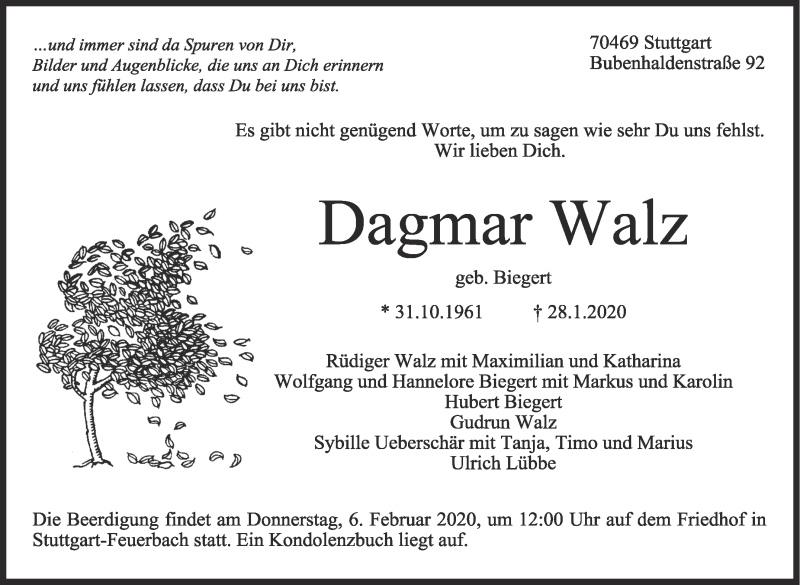  Traueranzeige für Dagmar Walz vom 01.02.2020 aus Stuttgarter Zeitung / Stuttgarter Nachrichten
