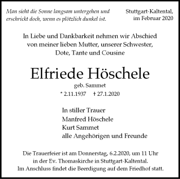 Traueranzeige von Elfriede Höschele von Stuttgarter Zeitung / Stuttgarter Nachrichten