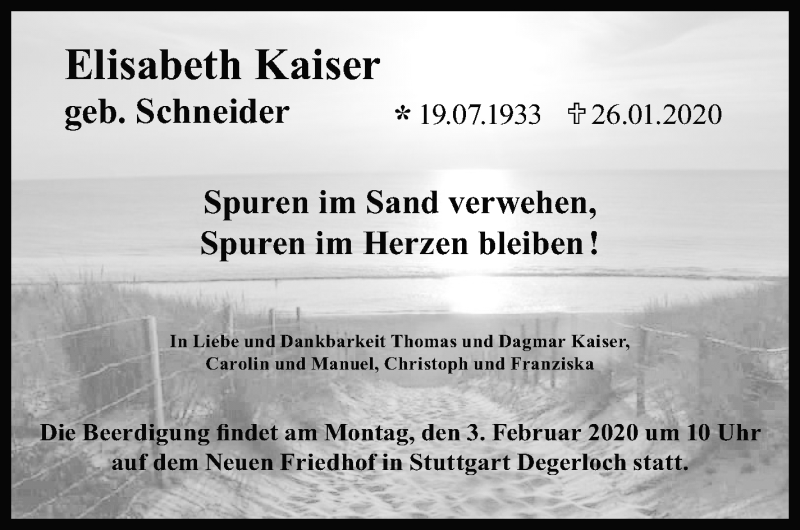  Traueranzeige für Elisabeth Kaiser vom 30.01.2020 aus Stuttgarter Zeitung / Stuttgarter Nachrichten