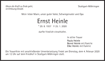 Traueranzeige von Ernst Heinle von Stuttgarter Zeitung / Stuttgarter Nachrichten