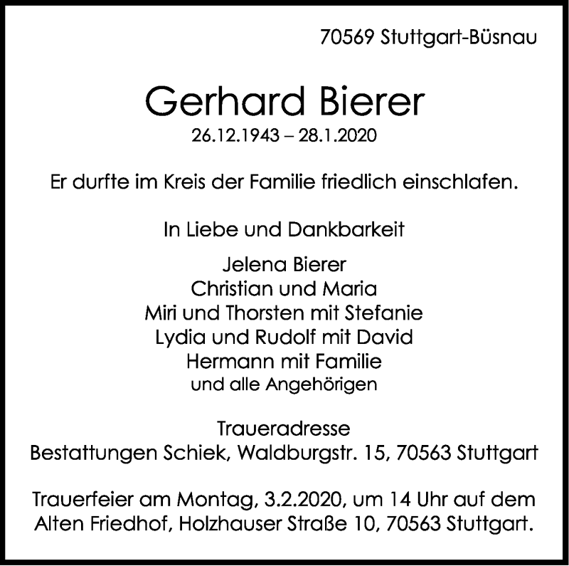  Traueranzeige für Gerhard Bierer vom 31.01.2020 aus Stuttgarter Zeitung / Stuttgarter Nachrichten