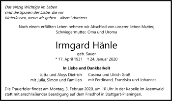 Traueranzeige von Irmgard Hänle von Stuttgarter Zeitung / Stuttgarter Nachrichten