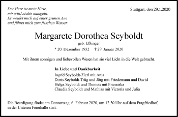 Traueranzeige von Margarete Dorothea Seyboldt von Stuttgarter Zeitung / Stuttgarter Nachrichten