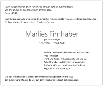 Traueranzeige von Marlies Firnhaber von Stuttgarter Zeitung / Stuttgarter Nachrichten