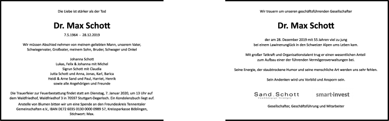  Traueranzeige für Max Schott vom 04.01.2020 aus Stuttgarter Zeitung / Stuttgarter Nachrichten