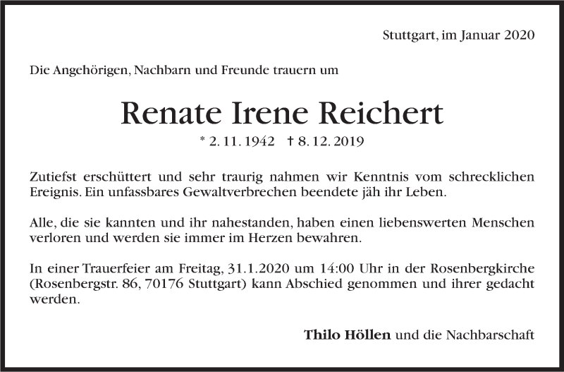  Traueranzeige für Renate Irene Reichert vom 29.01.2020 aus Stuttgarter Zeitung / Stuttgarter Nachrichten