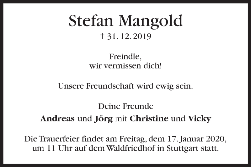  Traueranzeige für Stefan Mangold vom 11.01.2020 aus Stuttgarter Zeitung / Stuttgarter Nachrichten