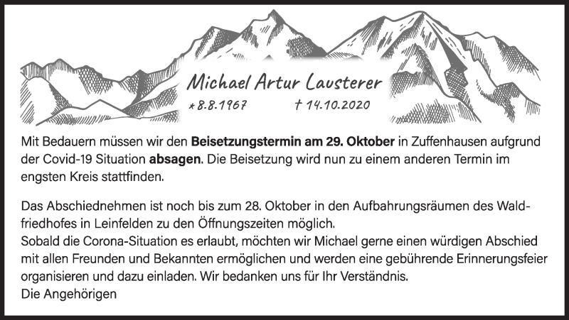  Traueranzeige für Michael Artur Lausterer vom 27.10.2020 aus Stuttgarter Zeitung / Stuttgarter Nachrichten