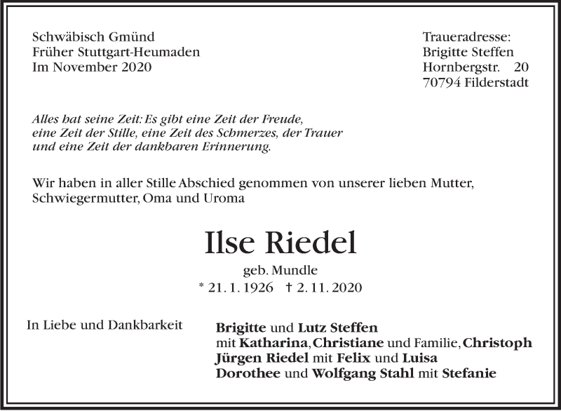  Traueranzeige für Ilse Riedel vom 21.11.2020 aus Stuttgarter Zeitung / Stuttgarter Nachrichten