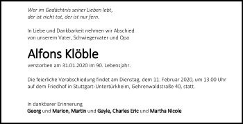 Traueranzeige von Alfons Klöble von Stuttgarter Zeitung / Stuttgarter Nachrichten