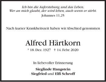 Traueranzeige von Alfred Härtkorn von Stuttgarter Zeitung / Stuttgarter Nachrichten