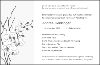 Traueranzeige von Andrea Denkinger von Stuttgarter Zeitung / Stuttgarter Nachrichten