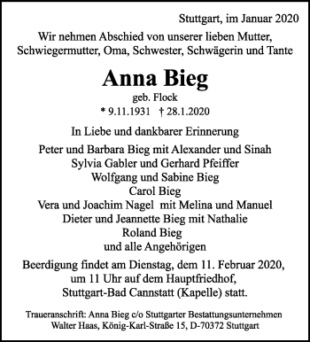 Traueranzeige von Anna Bieg von Stuttgarter Zeitung / Stuttgarter Nachrichten