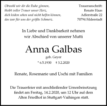 Traueranzeige von Anna Galbas von Stuttgarter Zeitung / Stuttgarter Nachrichten