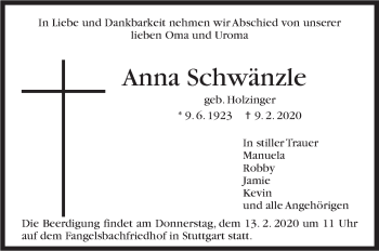 Traueranzeige von Anna Schwänzle von Stuttgarter Zeitung / Stuttgarter Nachrichten