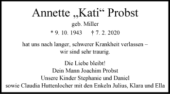Traueranzeige von Annette  Probst von Stuttgarter Zeitung / Stuttgarter Nachrichten
