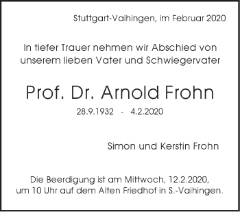 Traueranzeige von Arnold Frohn von Stuttgarter Zeitung / Stuttgarter Nachrichten