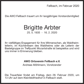 Traueranzeige von Brigitte Arbter von Stuttgarter Zeitung / Stuttgarter Nachrichten