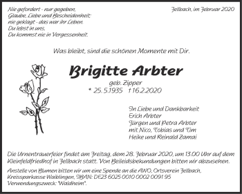 Traueranzeige von Brigitte Arbter von Stuttgarter Zeitung / Stuttgarter Nachrichten
