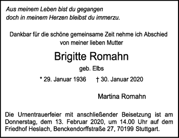 Traueranzeige von Brigitte Romahn von Stuttgarter Zeitung / Stuttgarter Nachrichten