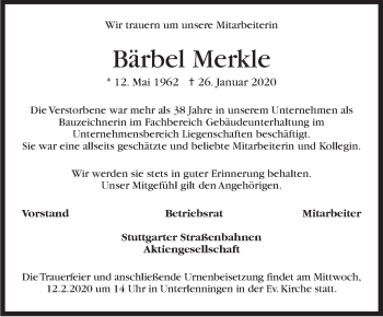 Traueranzeige von Bärbel Merkle von Stuttgarter Zeitung / Stuttgarter Nachrichten
