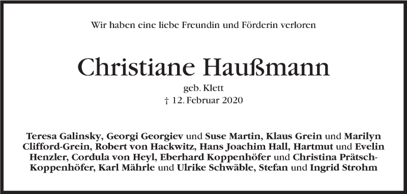  Traueranzeige für Christiane Haußmann vom 22.02.2020 aus Stuttgarter Zeitung / Stuttgarter Nachrichten