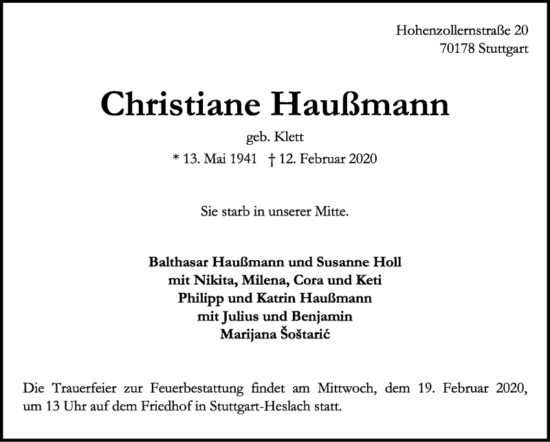  Traueranzeige für Christiane Haußmann vom 15.02.2020 aus Stuttgarter Zeitung / Stuttgarter Nachrichten