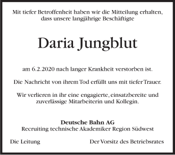Traueranzeige von Daria Jungblut von Stuttgarter Zeitung / Stuttgarter Nachrichten