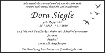 Traueranzeige von Dora Siegle von Stuttgarter Zeitung / Stuttgarter Nachrichten