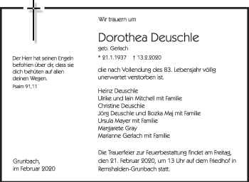 Traueranzeige von Dorothea Deuschle von Stuttgarter Zeitung / Stuttgarter Nachrichten
