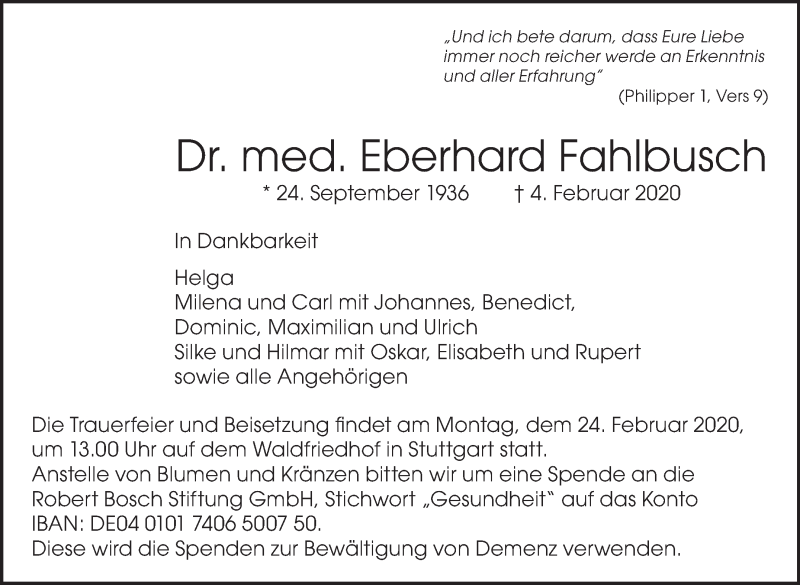  Traueranzeige für Eberhard Fahlbusch vom 15.02.2020 aus Stuttgarter Zeitung / Stuttgarter Nachrichten