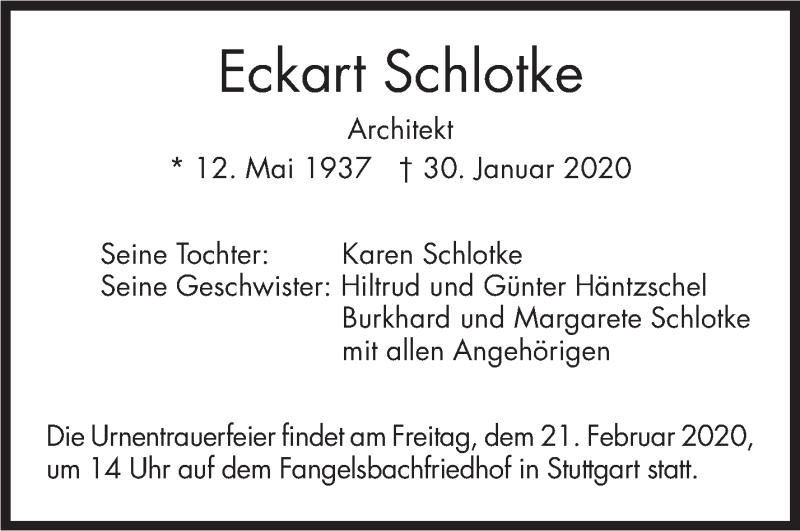  Traueranzeige für Eckart Schlotke vom 15.02.2020 aus Stuttgarter Zeitung / Stuttgarter Nachrichten