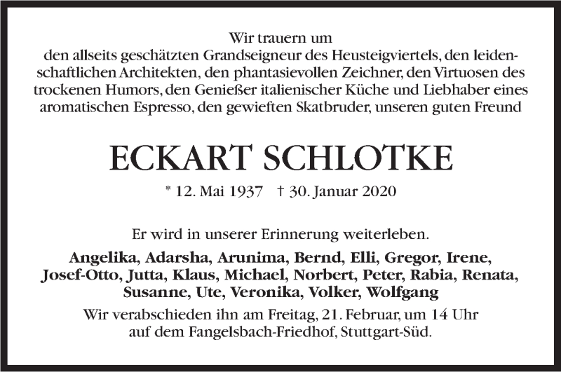  Traueranzeige für Eckart Schlotke vom 15.02.2020 aus Stuttgarter Zeitung / Stuttgarter Nachrichten
