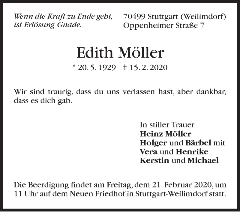  Traueranzeige für Edith Möller vom 18.02.2020 aus Stuttgarter Zeitung / Stuttgarter Nachrichten